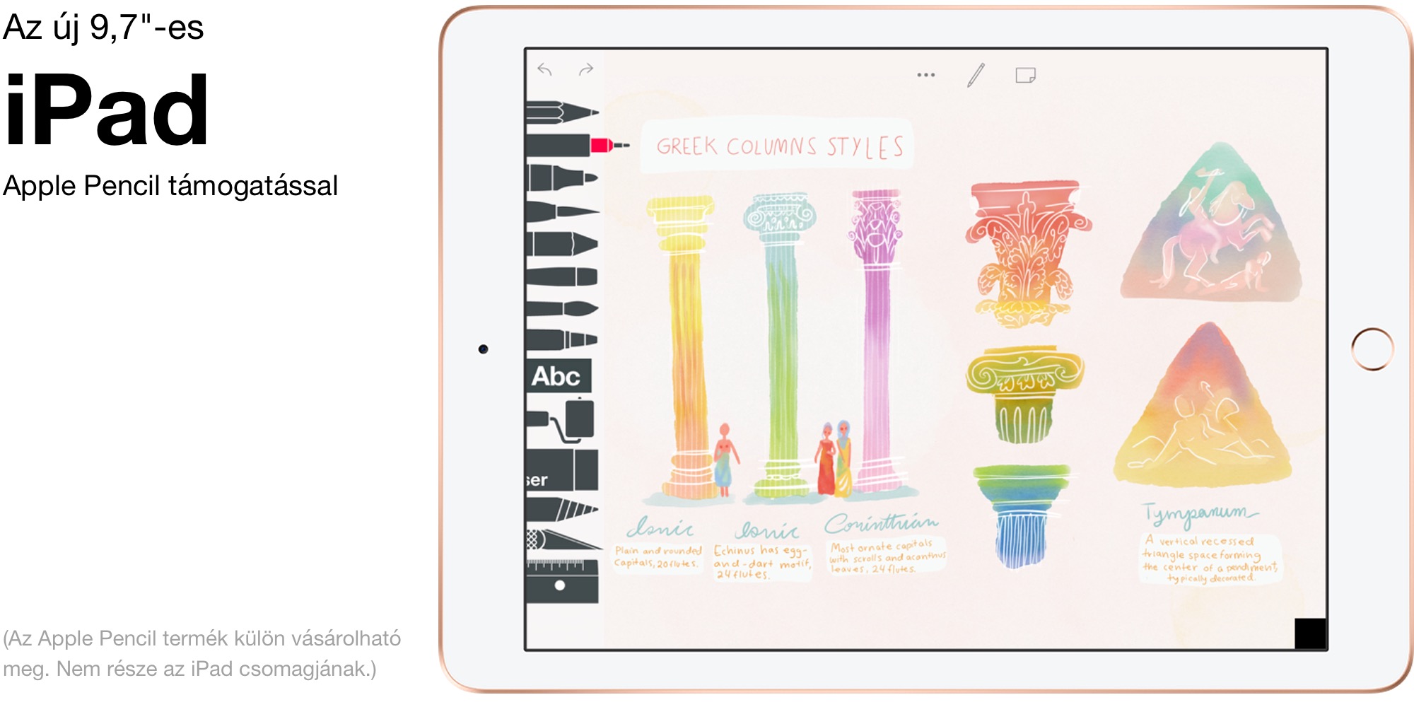 9,7”-es iPad, Apple Pencil (első generációs) támogatással.